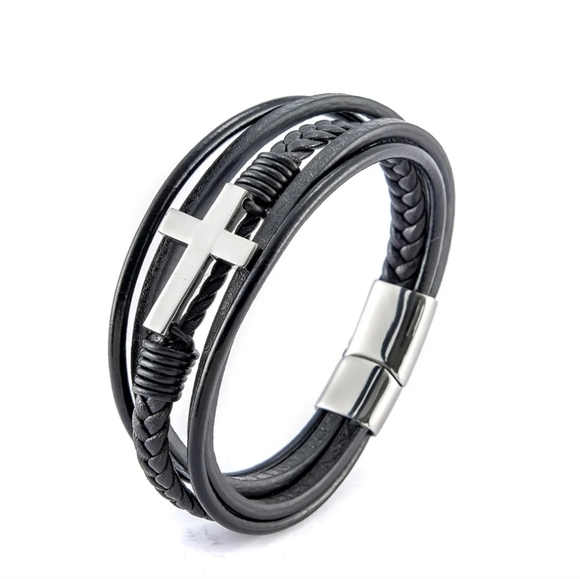 Fashion MultiLayer Stainless Steel Fashion Men's Leather Bracelet - Picture 2 of 2